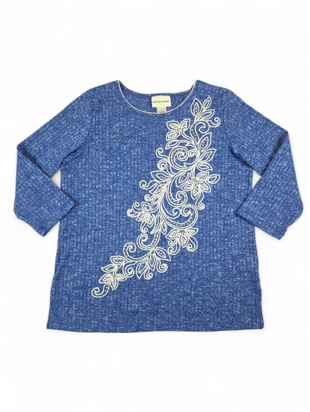 Alfred Dunner Blue Textured Floral Embroidered Embellished Top Small Stretch